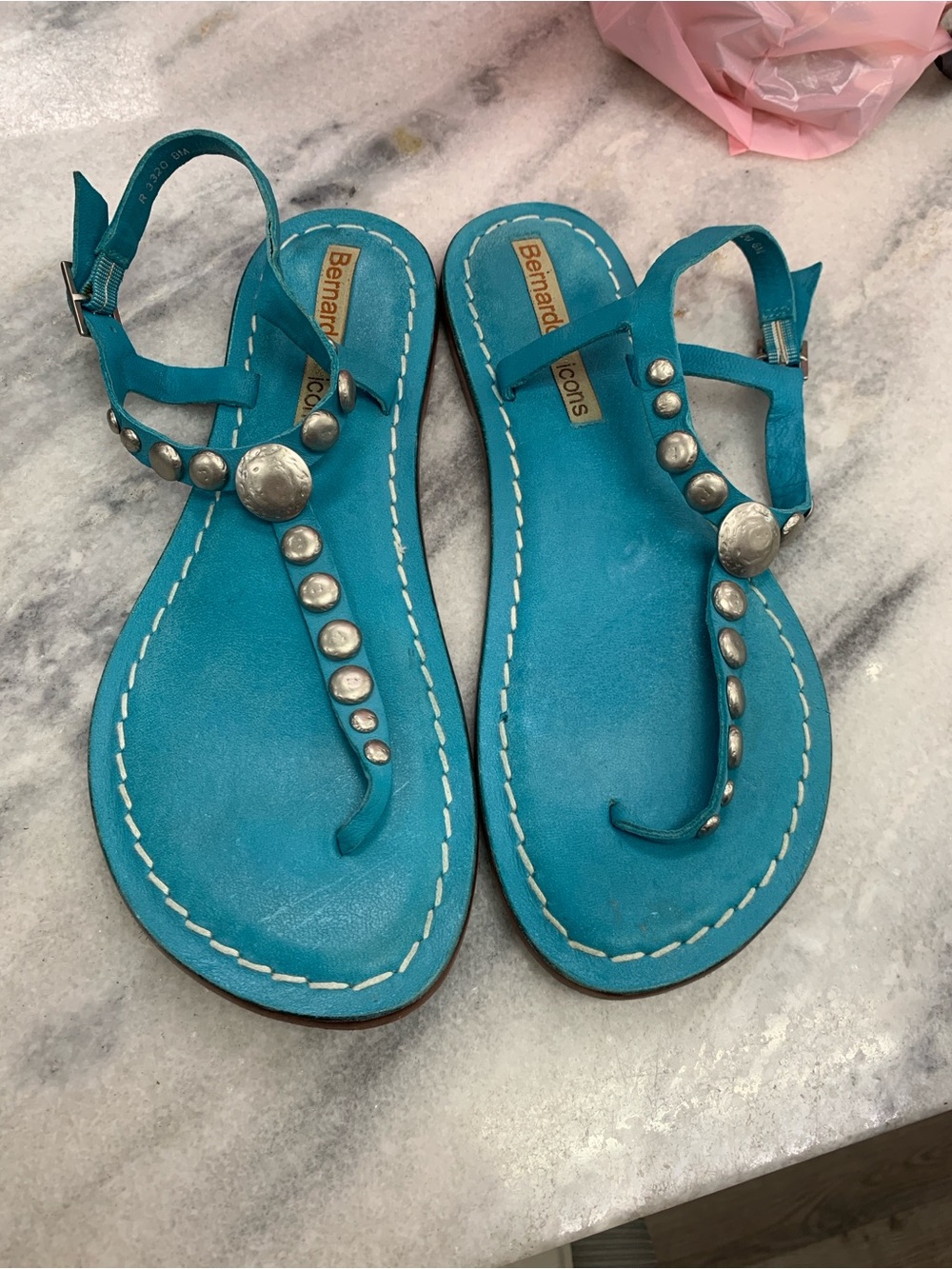 Bernardo Icons Blue Leather Studded T-Strap Sandals